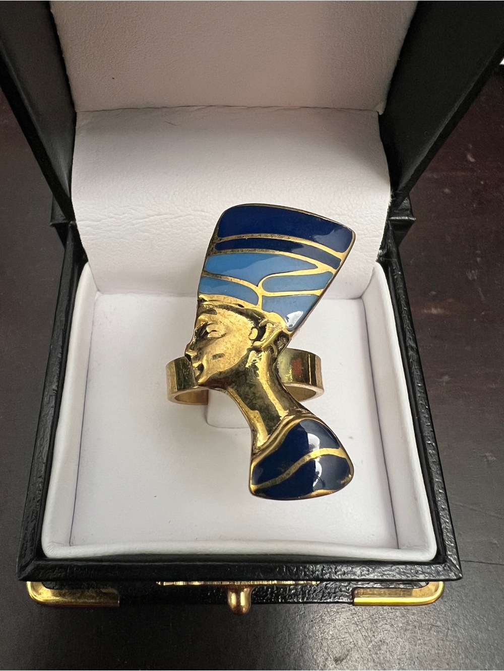 Gold-tone Egyptian Queen Nefertiti Statement Ring with Blue Enamel